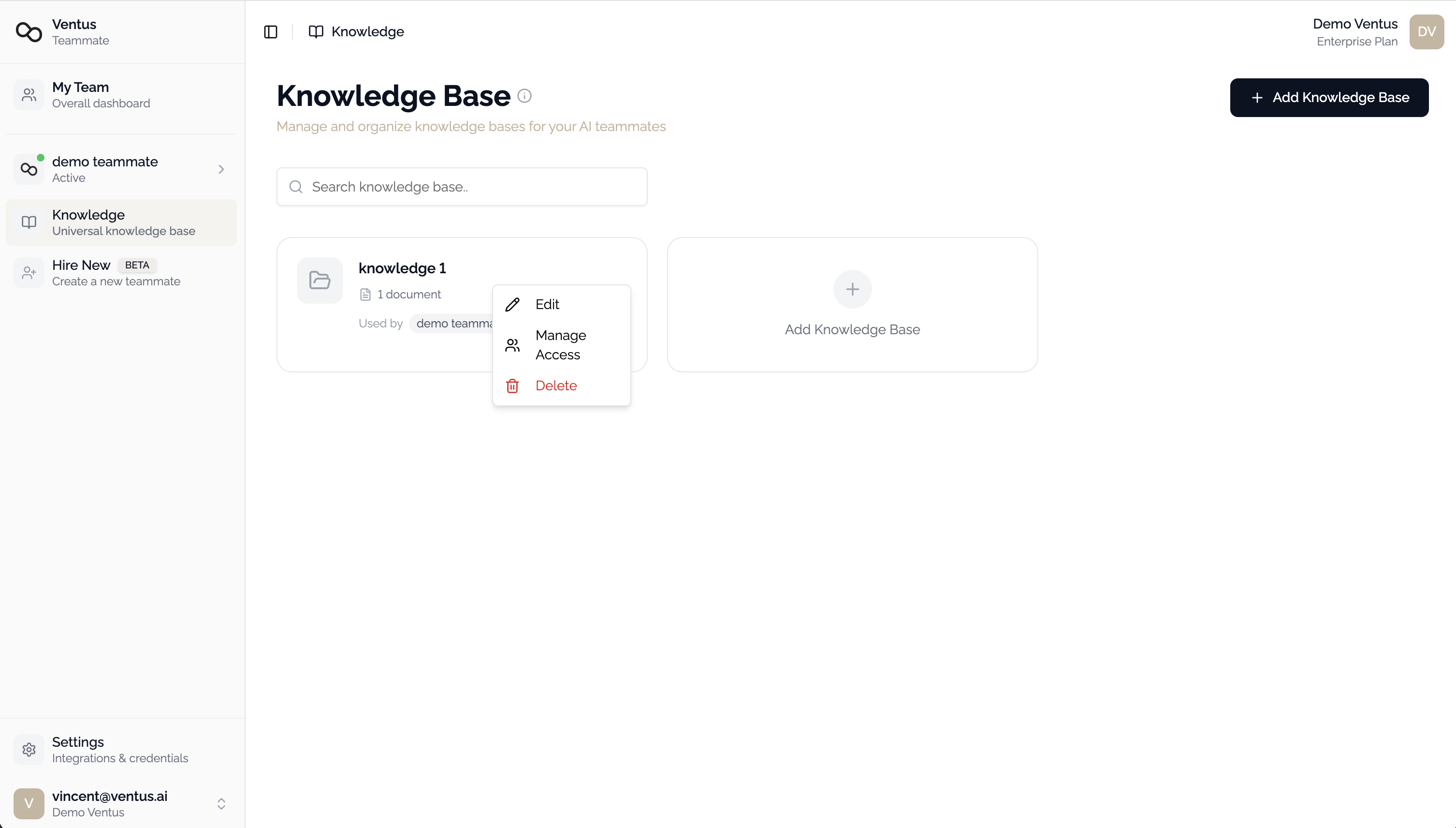 Knowledge base manage menu